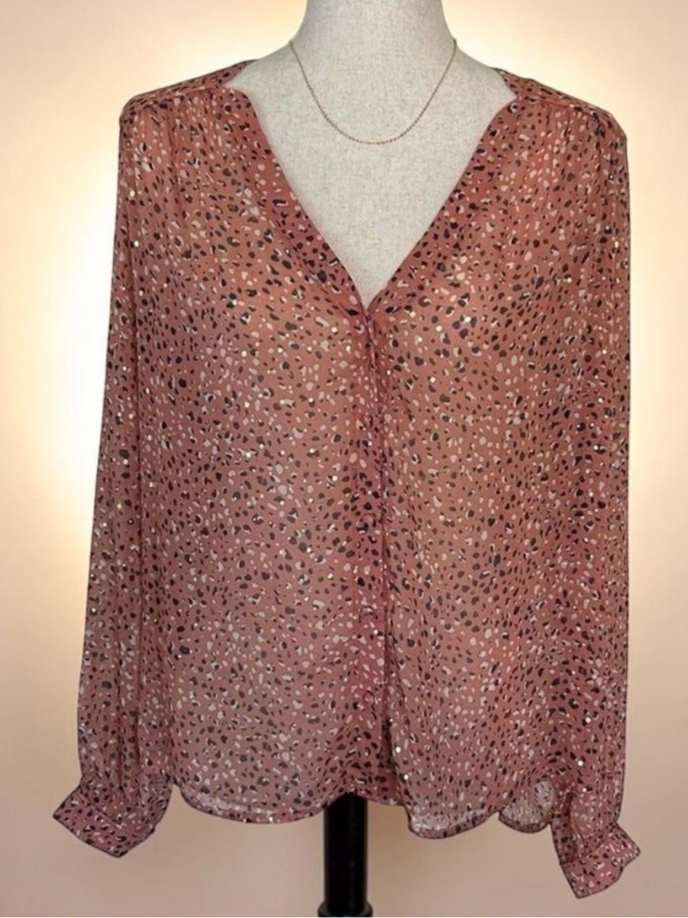 Grace & Mila Blush Pink Animal Print Sheer Blouse Tie Neck Flowy Boho M